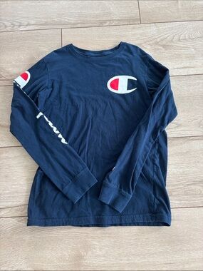 Champion Navy Long-Sleeve Logo Tee with Red & White Accents